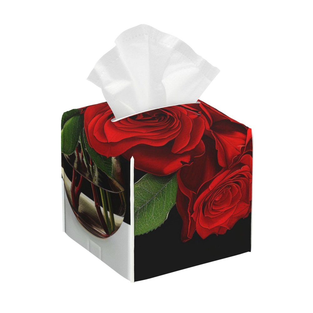 Red Rose Printed Tissue Box Cover | Square Leather Tissue Paper Holder for Home Hotel Car Office Decor