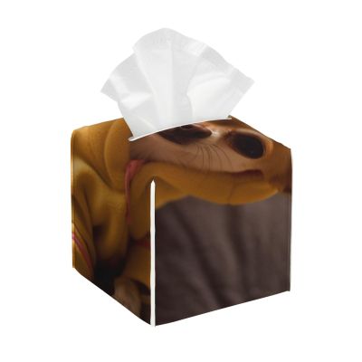 Cute Depressed Chihuahua Printed Tissue Box Cover | Square Leather Tissue Paper Holder for Home Hotel Car Office Decor