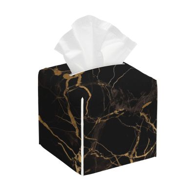 Black Gold Marble Printed Tissue Box Cover | Square Leather Tissue Paper Holder for Home Hotel Car Office Decor