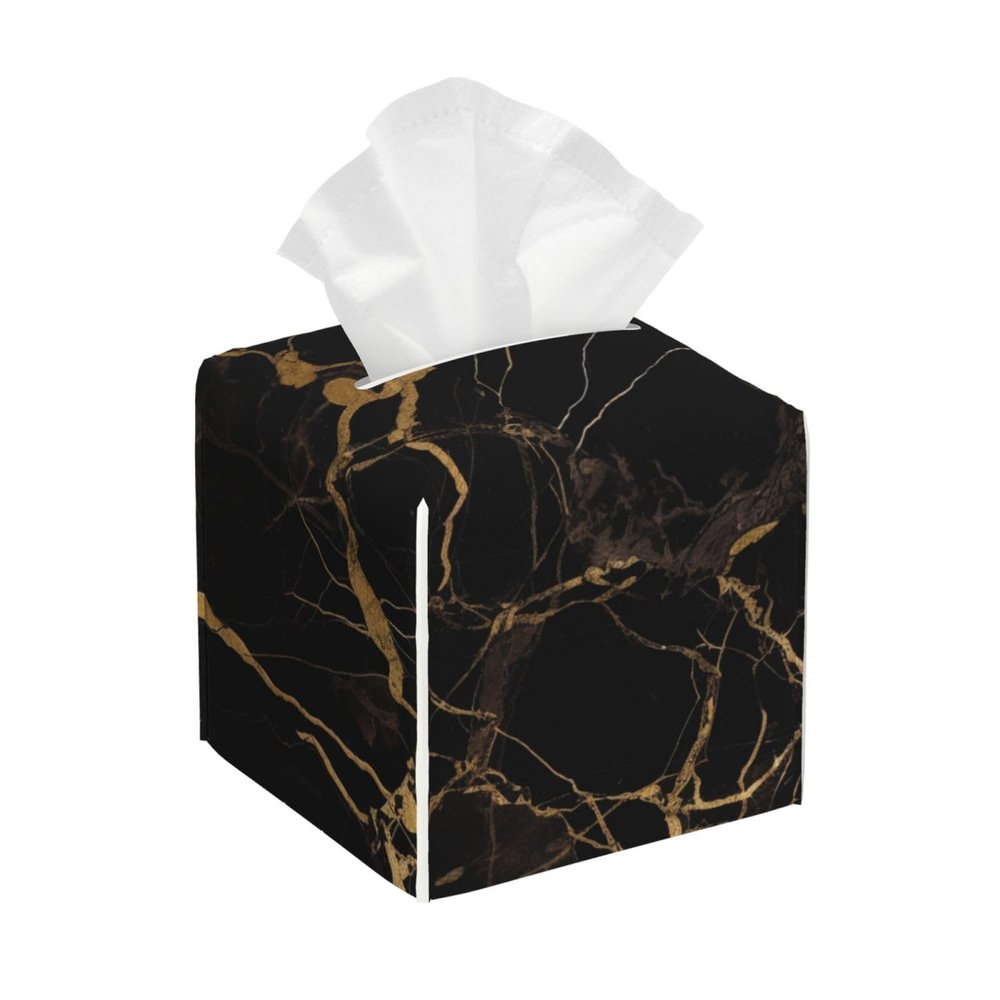 Black Gold Marble Printed Tissue Box Cover | Square Leather Tissue Paper Holder for Home Hotel Car Office Decor