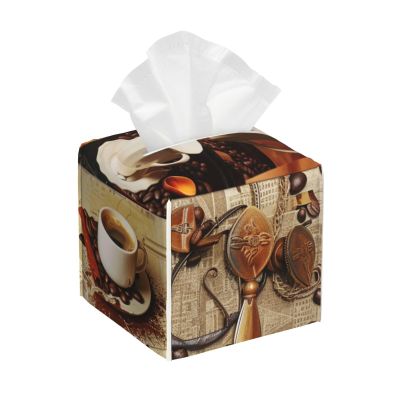 Coffee Collage Printed Tissue Box Cover | Square Leather Tissue Paper Holder for Home Hotel Car Office Decor