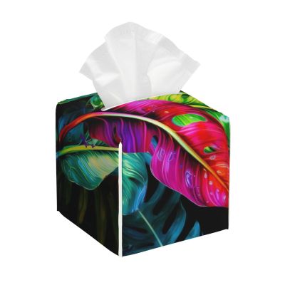 Colorful Tropical Leaf Printed Tissue Box Cover | Square Leather Tissue Paper Holder for Home Hotel Car Office Decor