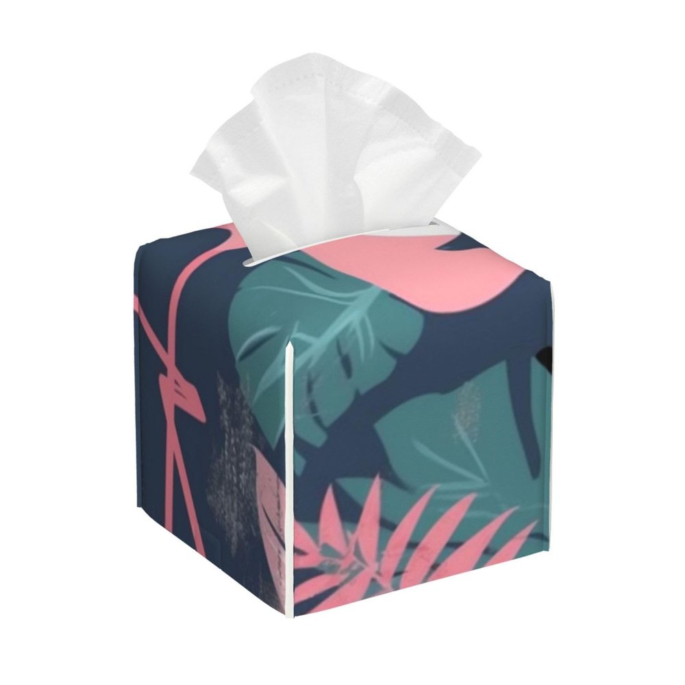 Flamingo and Leaves Printed Tissue Box Cover | Square Leather Tissue Paper Holder for Home Hotel Car Office Decor