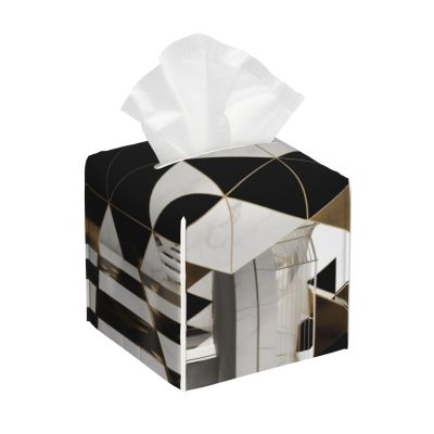Fashion Modern Black White Gold Triangles Printed Tissue Box Cover | Square Leather Tissue Paper Holder for Home Hotel Car Office Decor