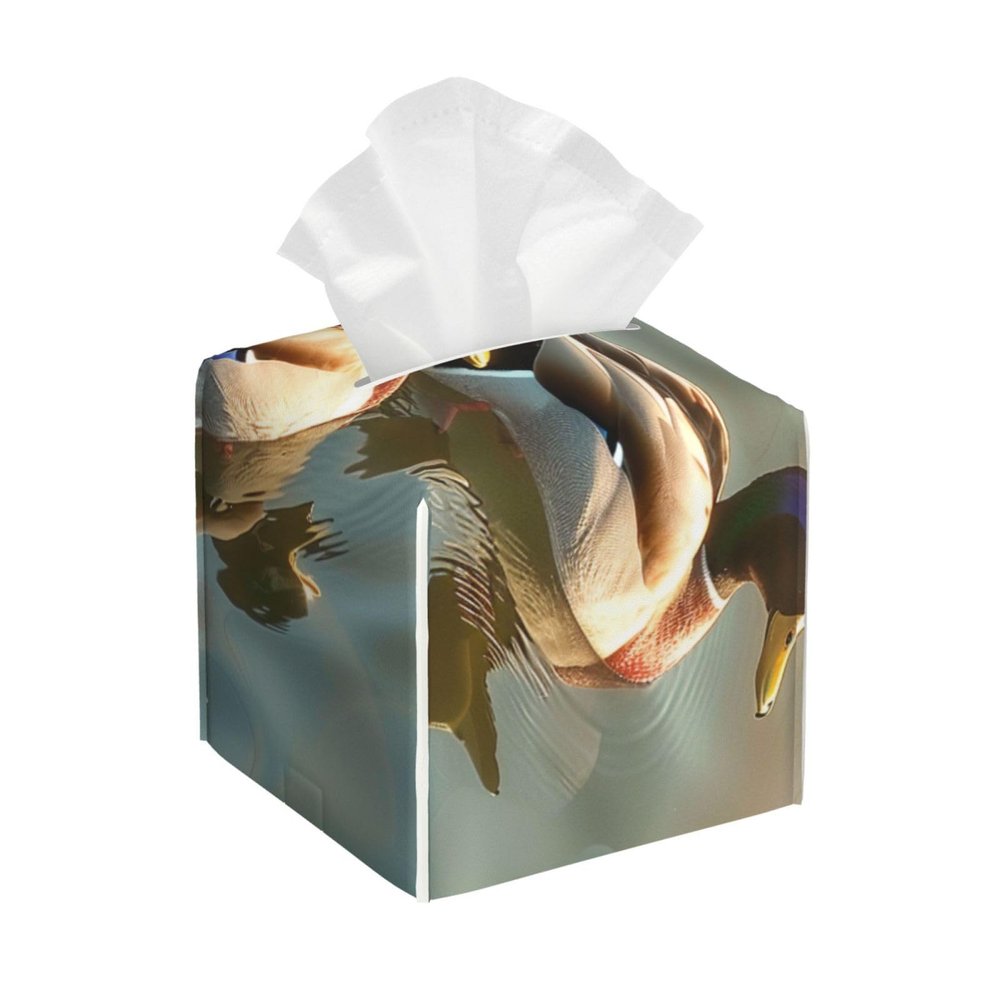 Duck Swimming Printed Tissue Box Cover | Square Leather Tissue Paper Holder for Home Hotel Car Office Decor