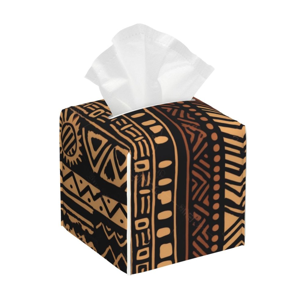 African Mud Cloth Tribal 1 Printed Tissue Box Cover | Square Leather Tissue Paper Holder for Home Hotel Car Office Decor