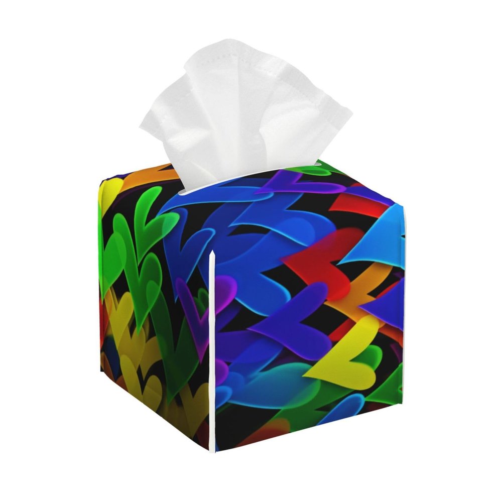 Rainbow Heart Printed Tissue Box Cover | Square Leather Tissue Paper Holder for Home Hotel Car Office Decor