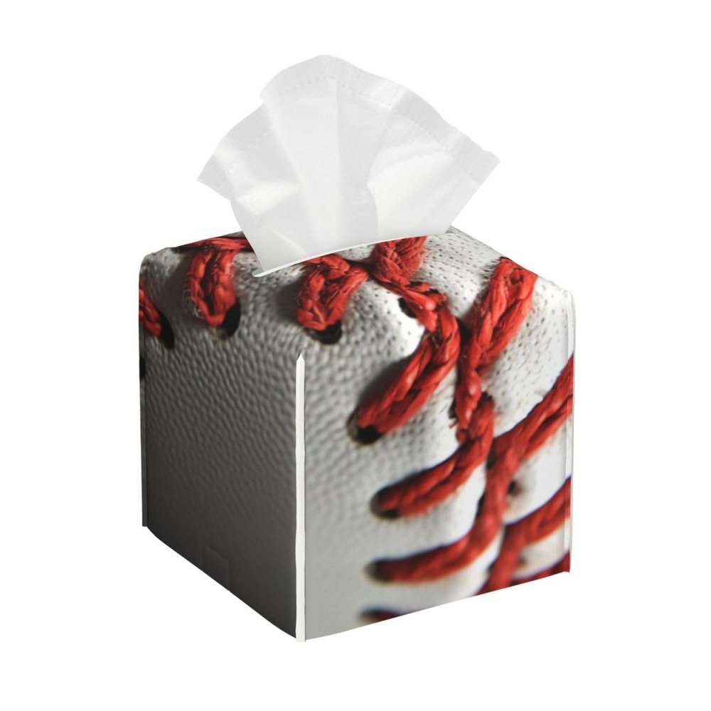 Baseball Lace Close Up Printed Tissue Box Cover | Square Leather Tissue Paper Holder for Home Hotel Car Office Decor