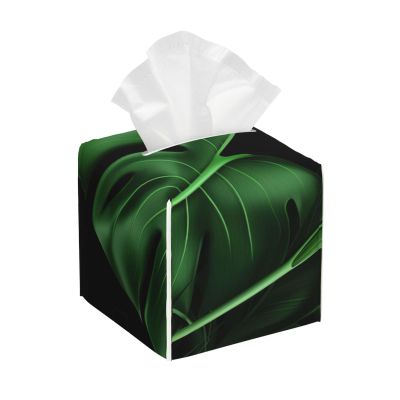 Banana Leaf Green Printed Tissue Box Cover | Square Leather Tissue Paper Holder for Home Hotel Car Office Decor