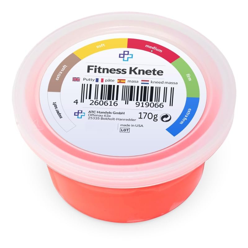 ATC Handels GmbH Fitness clay in 6 different resistance degrees for hand training, anti-stress, hand muscles, fine motor skills, mouldable, versatile and strengthening (170 g, red, medium)