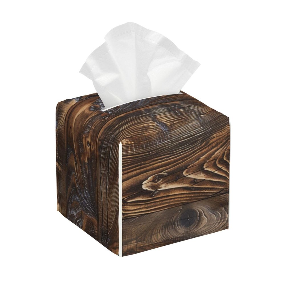 Brown Wood Printed Tissue Box Cover | Square Leather Tissue Paper Holder for Home Hotel Car Office Decor