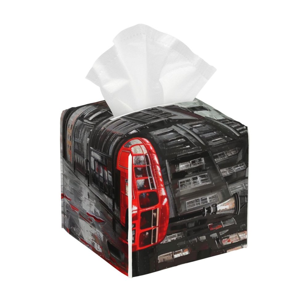 Red London Street Printed Tissue Box Cover | Square Leather Tissue Paper Holder for Home Hotel Car Office Decor