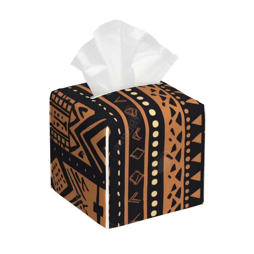 African Mud Cloth Tribal Printed Tissue Box Cover | Square Leather Tissue Paper Holder for Home Hotel Car Office Decor