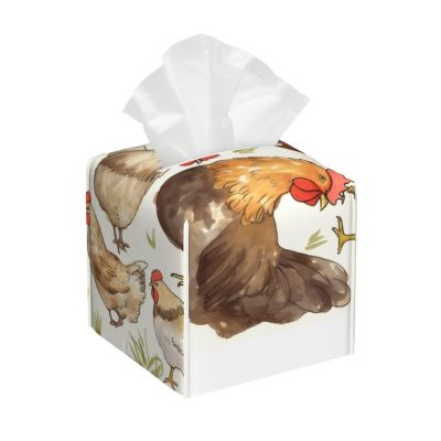 Cartoon Chickens Printed Tissue Box Cover | Square Leather Tissue Paper Holder for Home Hotel Car Office Decor