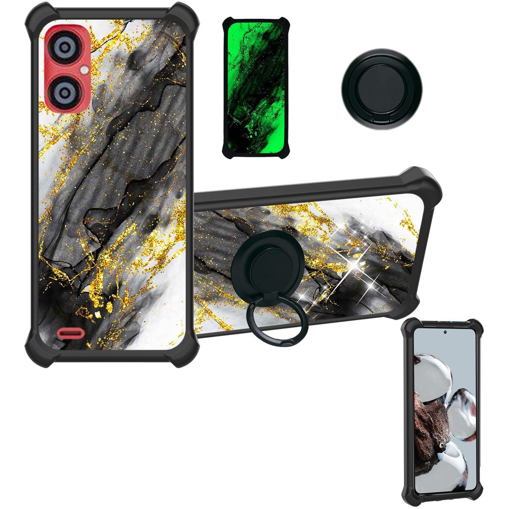 Aroepurt Case Compatible for Zuum Desbloqueado Magno Pro Phone Case Cover [with Tempered Glass Screen Protector][Hard PC + Soft Silicone][Ring Support] [Gold Glitter+Luminous] JSH-HDL