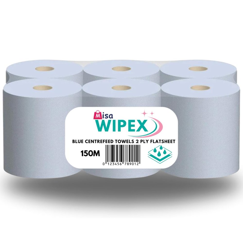Misa Wipex 150m 2 Ply Centrefeed Blue Rolls 700 Sheets Per Roll Flat Sheet (6 Rolls)