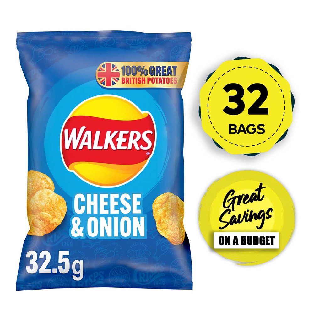Walkers Crisps Cheese Onion Snack Pack Lunch 32 Bags x 32.5g
