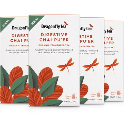 Dragonfly Tea Digestive Chai Pu'er Teabags (4x20 Tea Bags), Organic Fermented Chai Tea Bags for Gut Health Support 80 x Individually Wrapped Teabags