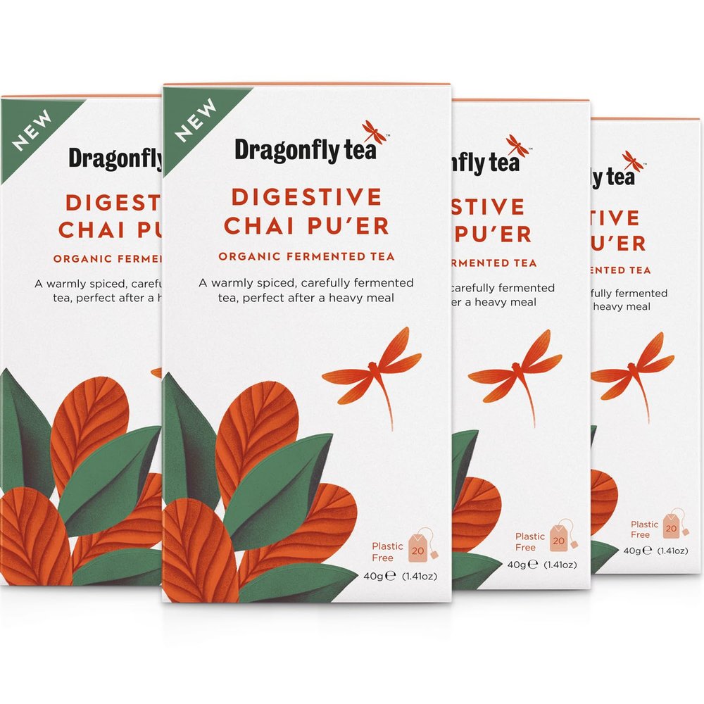 Dragonfly Tea Digestive Chai Pu'er Teabags (4x20 Tea Bags), Organic Fermented Chai Tea Bags for Gut Health Support 80 x Individually Wrapped Teabags