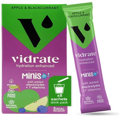 Vidrate Electrolytes Powder Minis - Hydration Sachets with Vitamins & Electrolytes For Kids - Zero Sugar Hydration Powder No Artificial Sweeteners & Preservatives - Apple & Blackcurrant, 8 Sachets