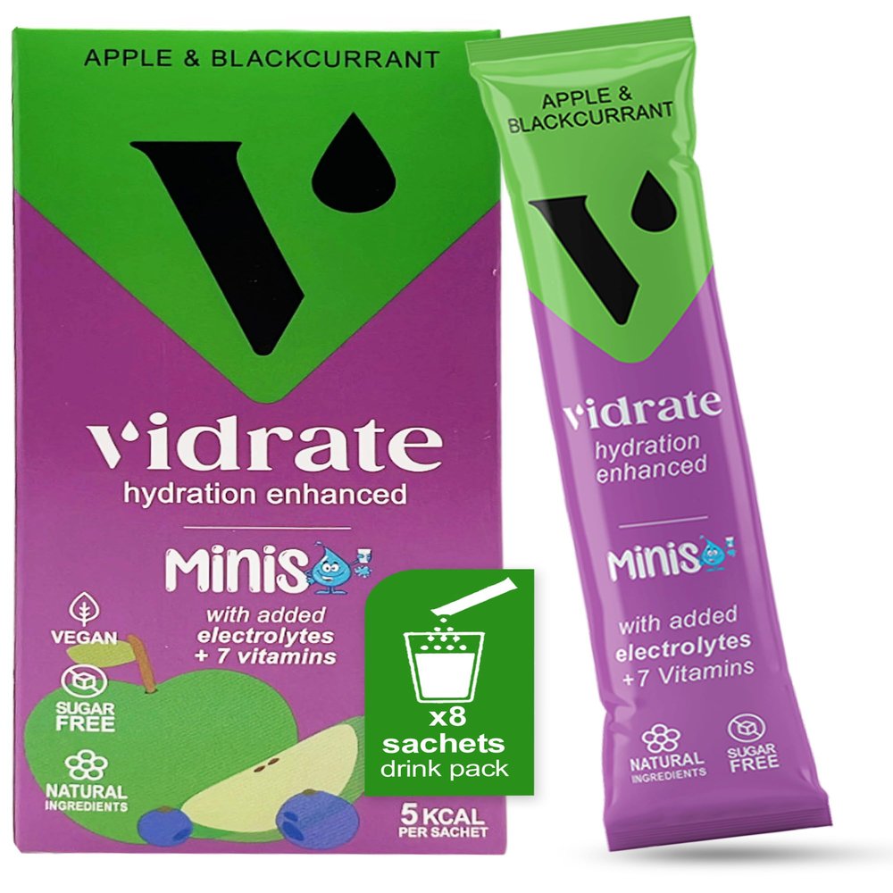 Vidrate Electrolytes Powder Minis - Hydration Sachets with Vitamins & Electrolytes For Kids - Zero Sugar Hydration Powder No Artificial Sweeteners & Preservatives - Apple & Blackcurrant, 8 Sachets