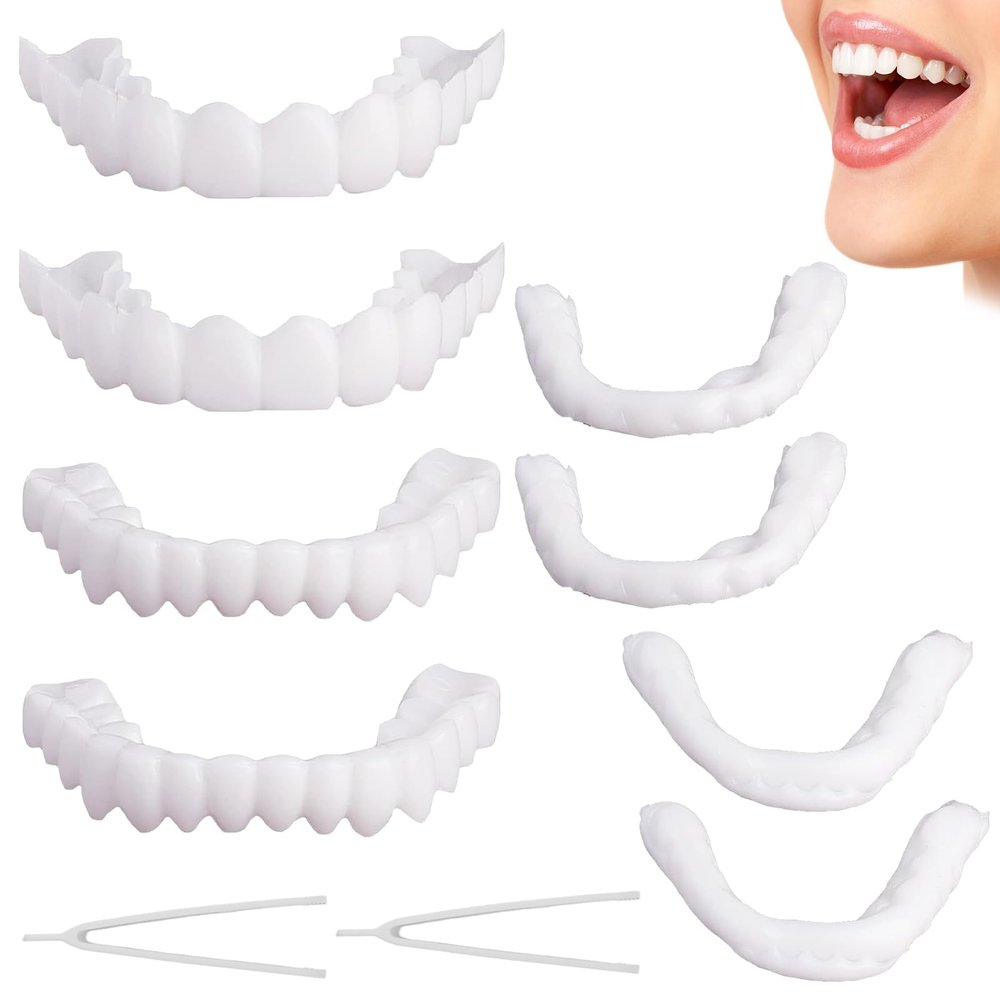 Wttfc False Teeth 2 Pairs,False Teeth Veneers Top And Bottom,Dentures Fake,Snap on Veneers Teeth,Teeth Braces,Fake Teeth for Men Women with Bad Teeth