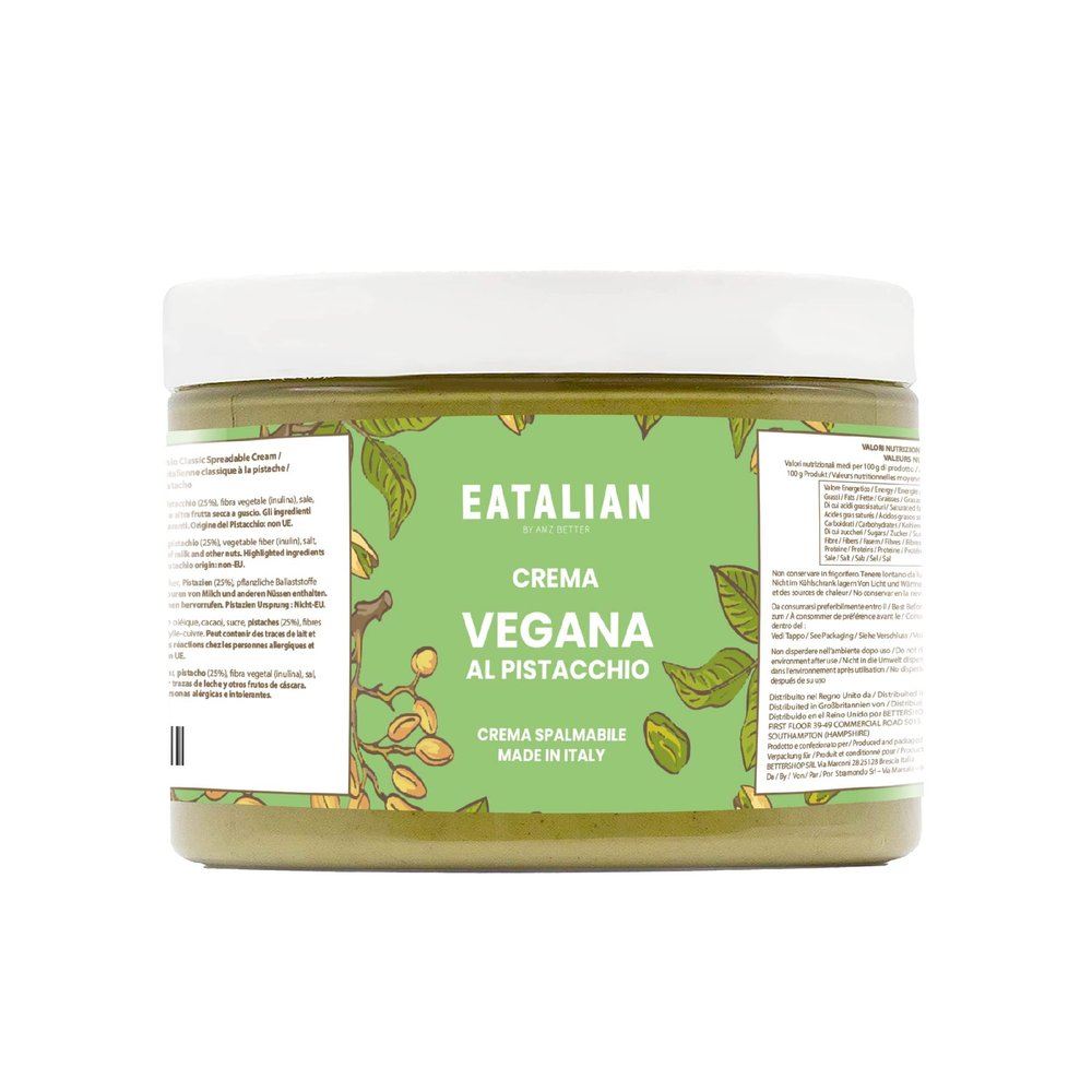 EATALIAN by AMZ BETTER, Vegan Pistachio Cream, Vegan Spreadable Cream, Ideal on Bread, Perfect with Ice Cream and Cakes, Also Excellent for Dubai Chocolate, 500 Grams, Made in Italy