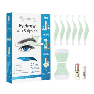 Beauty7 Homme Eyebrow Waxing Strips, Wax Strips for Face, Quick Hair Removal Facial For Men Includes 24 Waxing Strips + 3ml Soothing Oil After Wax, 2g Pearl Powder