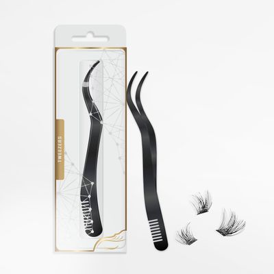 2 in 1 Lash Tweezer with Comb, Eyelash Extension Tweezers, Precise Eyebrow Tool, Stainless Steel, Black