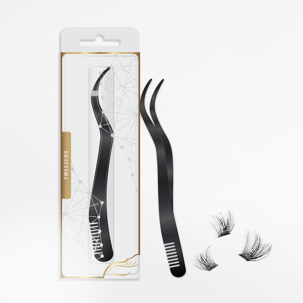 2 in 1 Lash Tweezer with Comb, Eyelash Extension Tweezers, Precise Eyebrow Tool, Stainless Steel, Black