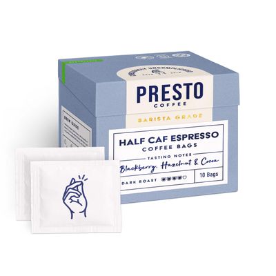 Presto Coffee Half Caf Espresso Coffee Bags, 80g - Dark Roast, Half Caffeine - Balanced Flavor in Convenient Single-Serve Bags