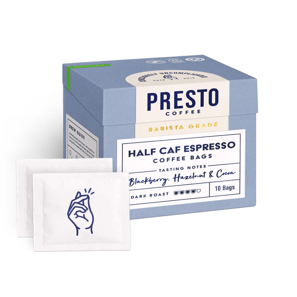 Presto Coffee Half Caf Espresso Coffee Bags, 80g - Dark Roast, Half Caffeine - Balanced Flavor in Convenient Single-Serve Bags
