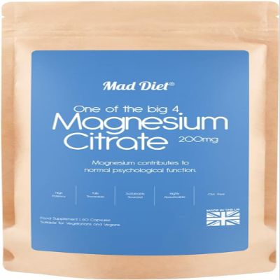 Mad Diet Magnesium Citrate | Zero Additives | Practitioner Quality | 200mg of Elemental Magnesium Per Capsule | More Bioavailable | 60 Capsules | 2 Month Supply | Brain and Heart Health