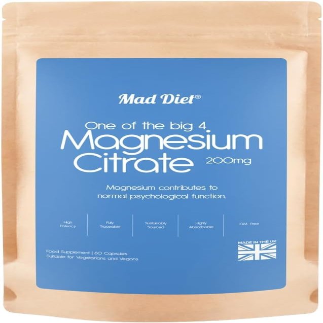 Mad Diet Magnesium Citrate | Zero Additives | Practitioner Quality | 200mg of Elemental Magnesium Per Capsule | More Bioavailable | 60 Capsules | 2 Month Supply | Brain and Heart Health
