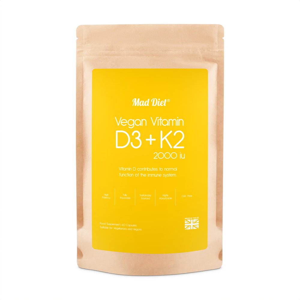 Mad Diet Vegan Vitamin D3+K2 | Zero Additives | Practitioner Quality | 2000IU Capsules | Locally Sourced |60 Capsules - 2 Month Supply | Trusted UK Brand | Immune