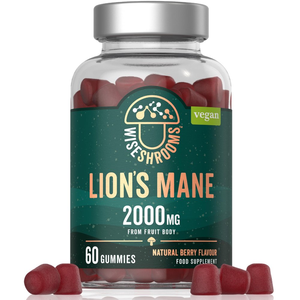 Lions Mane Gummies 60,000mg Per Bottle | High Strength Supplement from Fruit Body | Vegan Mushroom Extract | 1000mg x 60 Natural Berry Flavour Gummies | by Wiseshrooms