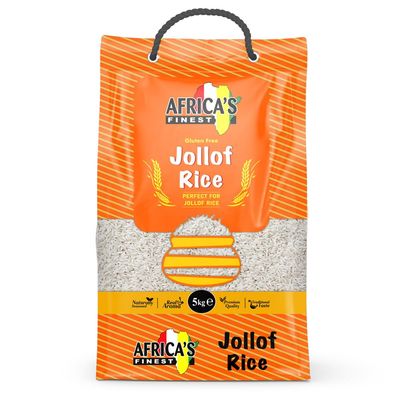 Africas Finest Jollof Rice 5kg, Pack of 1, Premium White Parboiled Basmati Rice for Jollof, Fluffy Texture, Ideal for Everyday Meals, Family Cooking, Bulk Home Use & Large Portions