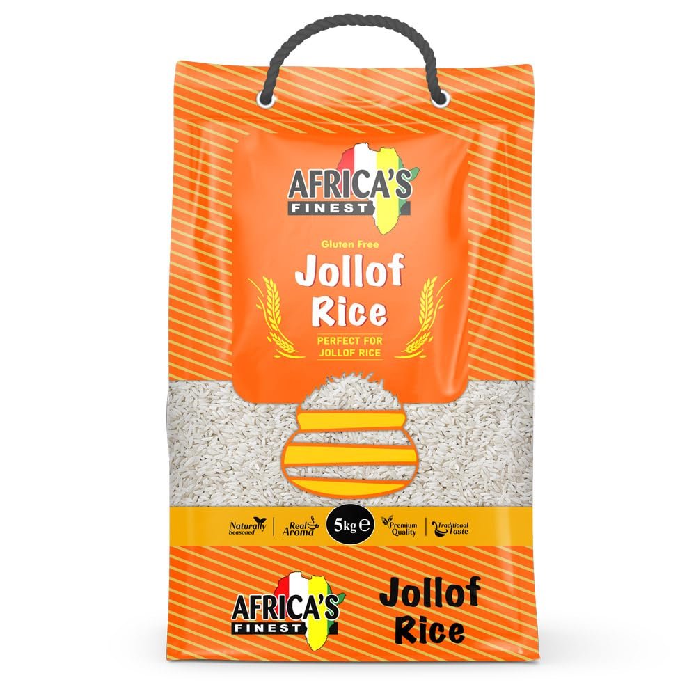 Africas Finest Jollof Rice 5kg, Pack of 1, Premium White Parboiled Basmati Rice for Jollof, Fluffy Texture, Ideal for Everyday Meals, Family Cooking, Bulk Home Use & Large Portions