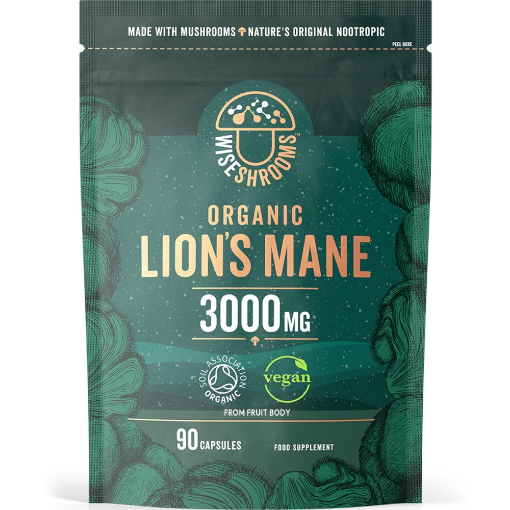 Organic Lions Mane Supplement 3000mg | High Strength Polysaccharides | Mushroom Extract Capsules | Vegan | 90 Count | by Wiseshrooms
