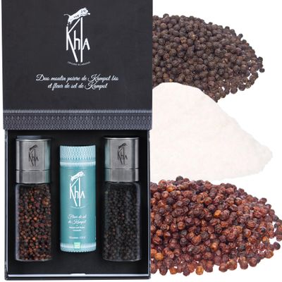 Khla - Set of Kampot Peppers Grinders & Salt - Organic Black Pepper, Red Pepper & Fleur de Sel - Rare & Grands Crus - Kampot Peppercorns Gift Box - Refillable Mills - Cambodia Origin