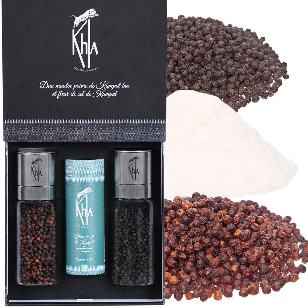 Khla - Set of Kampot Peppers Grinders & Salt - Organic Black Pepper, Red Pepper & Fleur de Sel - Rare & Grands Crus - Kampot Peppercorns Gift Box - Refillable Mills - Cambodia Origin