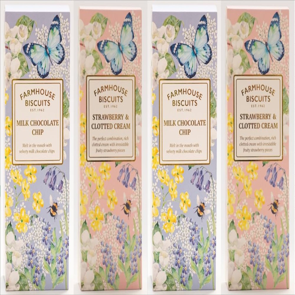 Farmhouse English Biscuits Delicious Flavours of Milk Chocolate Chip & Strawberry Clotted Cream Cookies 150g, Perfect Loving Gift on Mothers, Fathers day, Christmas (Bunldle 5 (4x150g), Mix Flavours)
