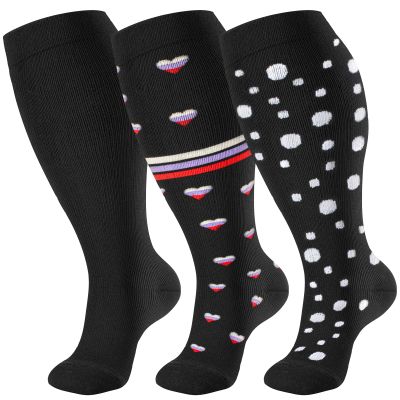 cerpite Plus Size Compression Socks Wide Calf for Women & Men 20-30 mmhg-Extra Wide Calf Knee High Support Socks for Nurse, 11-Black spot, 3X-Large