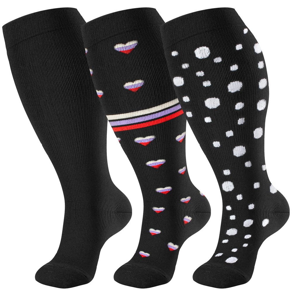 cerpite Plus Size Compression Socks Wide Calf for Women & Men 20-30 mmhg-Extra Wide Calf Knee High Support Socks for Nurse, 11-Black spot, 3X-Large