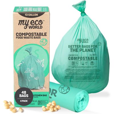 MyEcoWorld Compostable Food Waste Bag - 48 Count - 100% BPI Certified Compostable - AS5810 & EN13432 Compliant - Large - 13 Gallon - Super Strong - Waterproof - Unscented - Easy to Open - Kitchen Bag