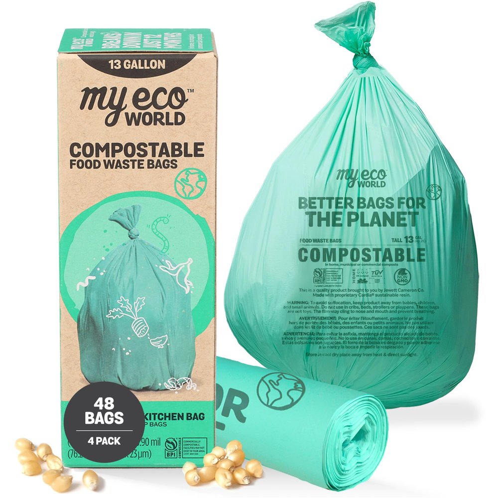 MyEcoWorld Compostable Food Waste Bag - 48 Count - 100% BPI Certified Compostable - AS5810 & EN13432 Compliant - Large - 13 Gallon - Super Strong - Waterproof - Unscented - Easy to Open - Kitchen Bag