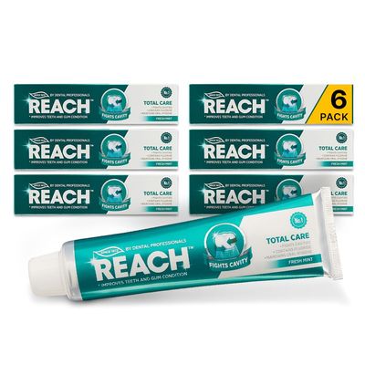 [6 Pack] Reach Total Care Toothpaste 150g, Fresh Mint, Contains Fluoride, Oral Hygiene, 12 Hours Freshens Breath, Fights Cavities, Improve Teeth Gum, Remove Enamel Plaque, Dental Care