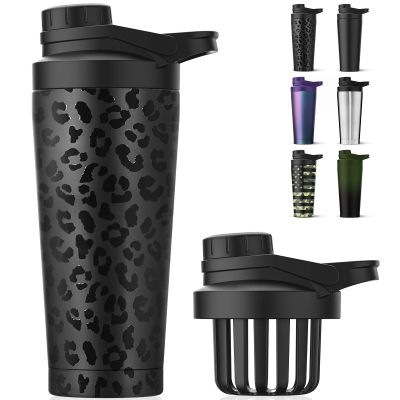 Greatyos Stainless Steel Shaker Bottle with Noise-Free Design - Patented 24 oz Insulated Metal Shakers Bottles Cup for Protein Mixes and Pre Workout 100% Leak Proof (Black Leopard)