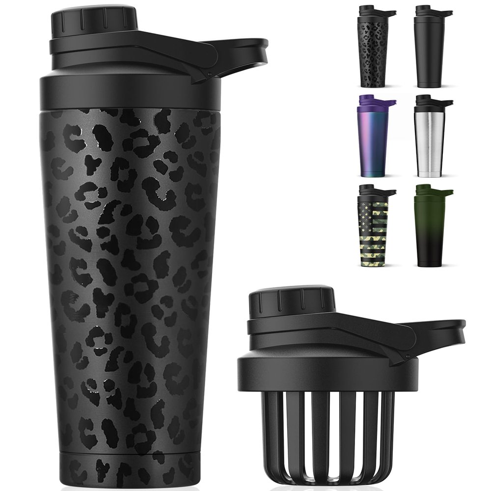 Greatyos Stainless Steel Shaker Bottle with Noise-Free Design - Patented 24 oz Insulated Metal Shakers Bottles Cup for Protein Mixes and Pre Workout 100% Leak Proof (Black Leopard)