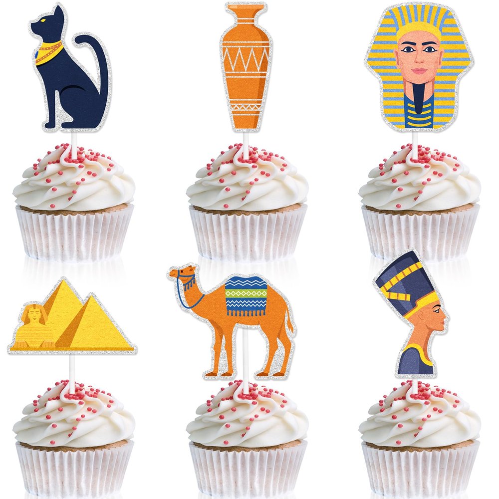 18-PCS Ancient Egypt Themed Happy Birthday Cupcake Toppers Set - This is an exquisite themed birthday party, baby shower party, Egyptian theme party pyramid, and mummy decoration
